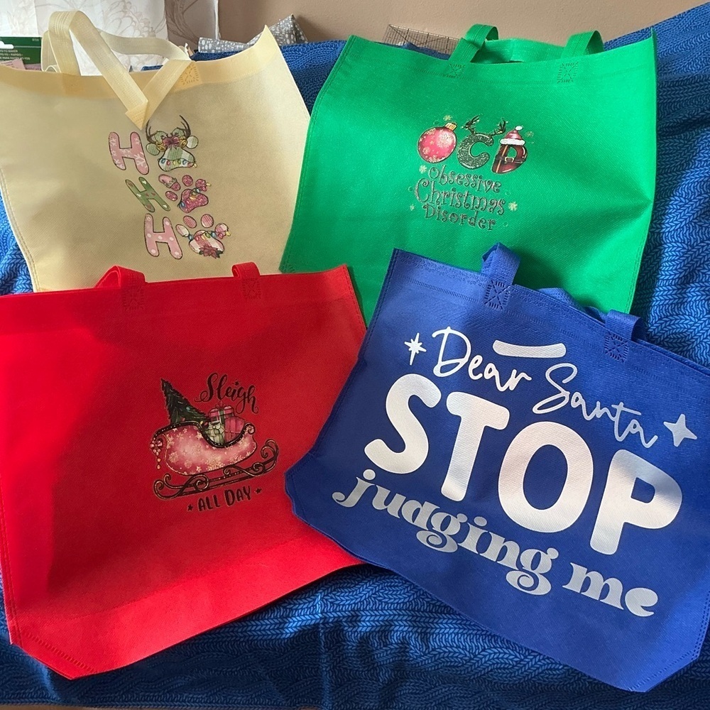 Hand Pressed Set of 4 Holiday Reusable Gift Bags!